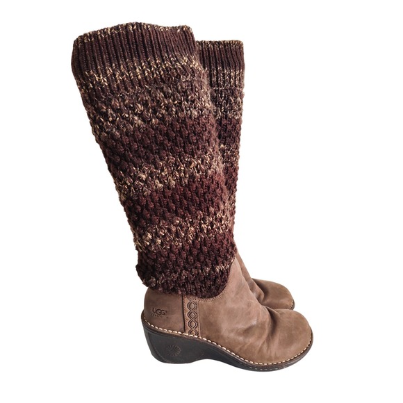 UGG Shoes - Ugg Boots Knee High Size 6 Cresthaven Knit Shaft Wedge Winter Brown Leather Boho